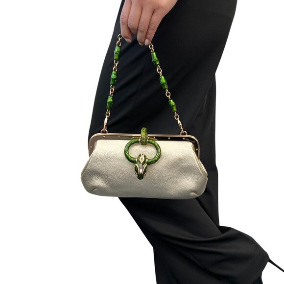 GUCCI Vintage 2004 Bamboo Chain Shoulder Bag Rhinestone Snake Gold [106051] - Picture 3 of 12